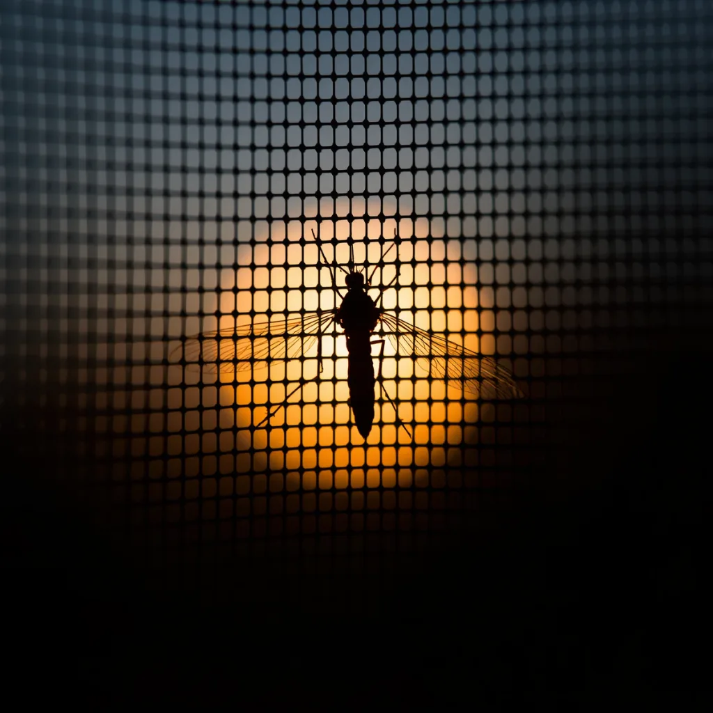 Insekt auf feinem Fliegengittergewebe — Pollenschutz Detail