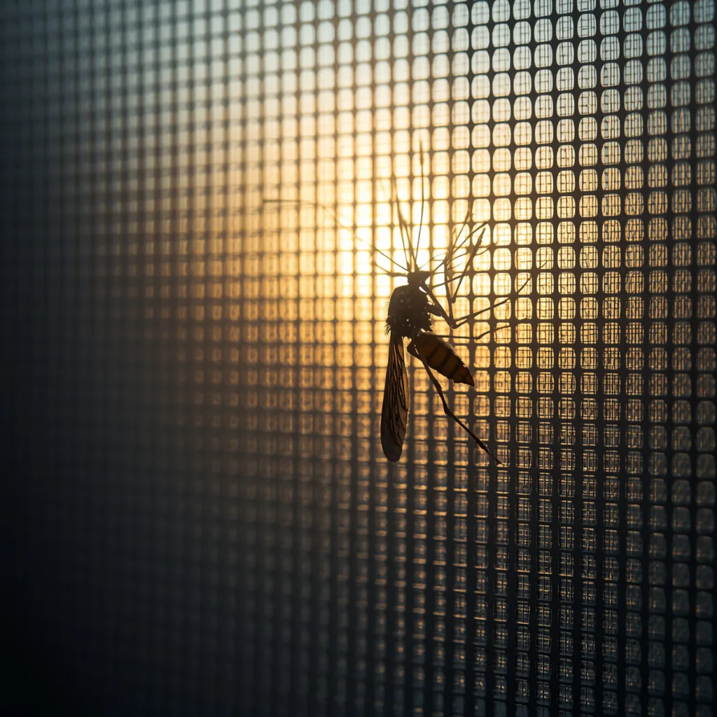 Insektenschutz Fliegengitter im Gegenlicht — Mücke auf Gewebe